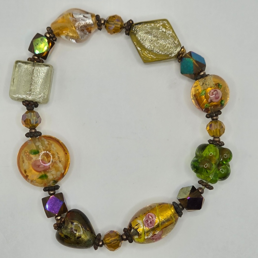 Vintage Art Glass Lampwork Floral Foil Bead Stretch Bracelet 6.5" Amber Green